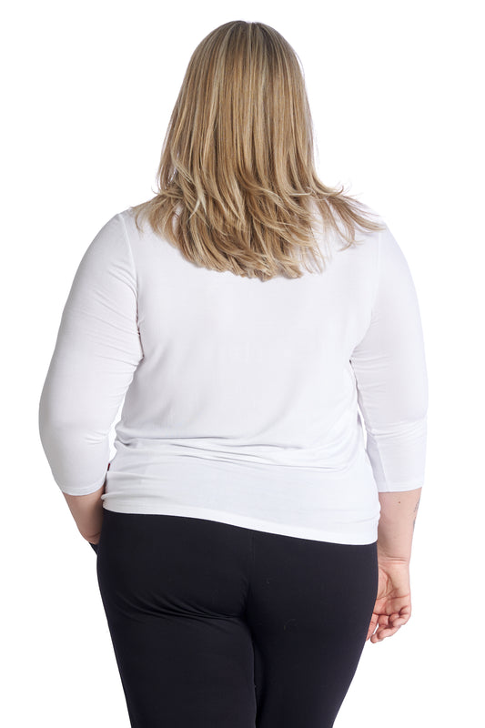 Plus size T-shirt dame, hvid med 3/4 ærmer – Blød og komfortabel