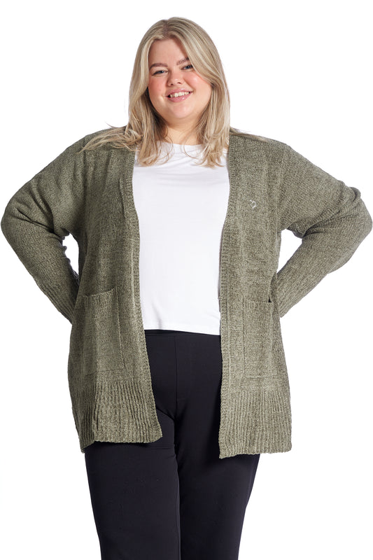 Lang Strikket Cardigan Plus Size – Dame Str. 42 til 60 - army
